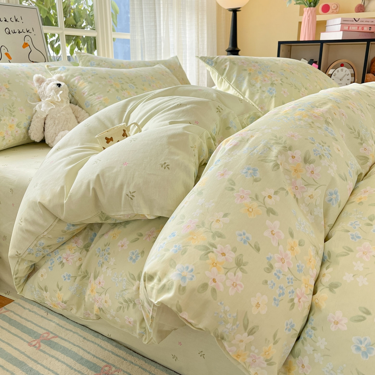 睡美美家纺 2026新款全棉纯棉斜纹印花喷气小清新四季款学生三件套四件套 徐徐花开