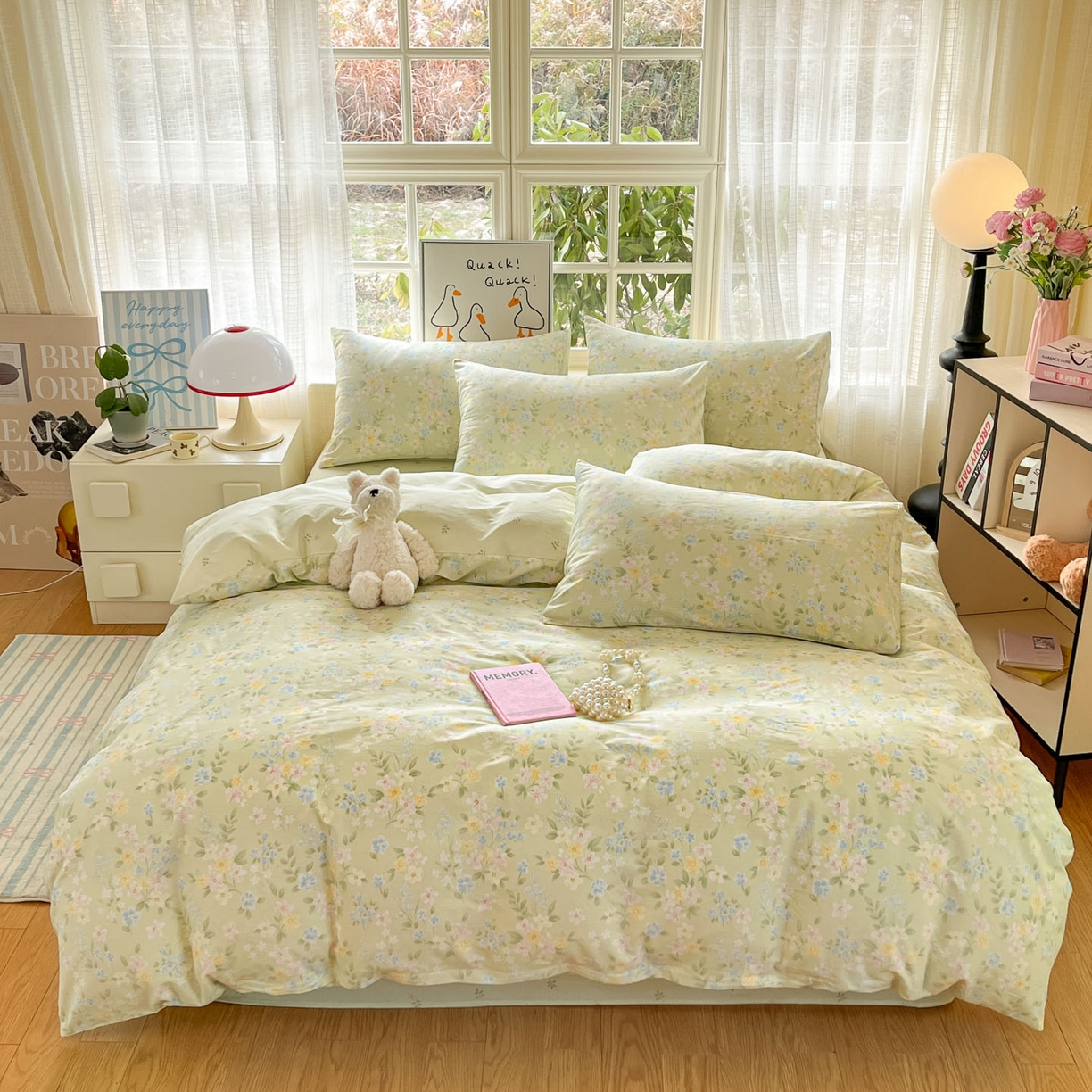 91家纺网 家纺一手货源 找家纺 睡美美家纺 2026新款全棉纯棉斜纹印花喷气小清新四季款学生三件套四件套 徐徐花开