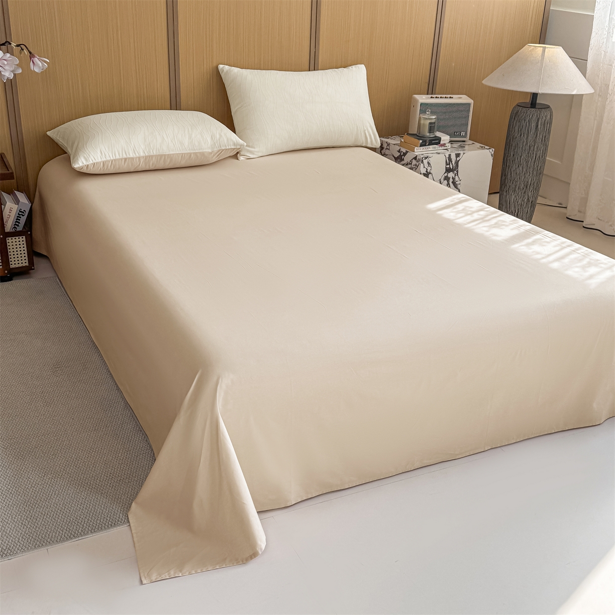 91家纺网 家纺一手货源 找家纺 灰鲸 2026新款全棉纯棉三层纱色织提花四件套 浅忆-杏仁奶霜