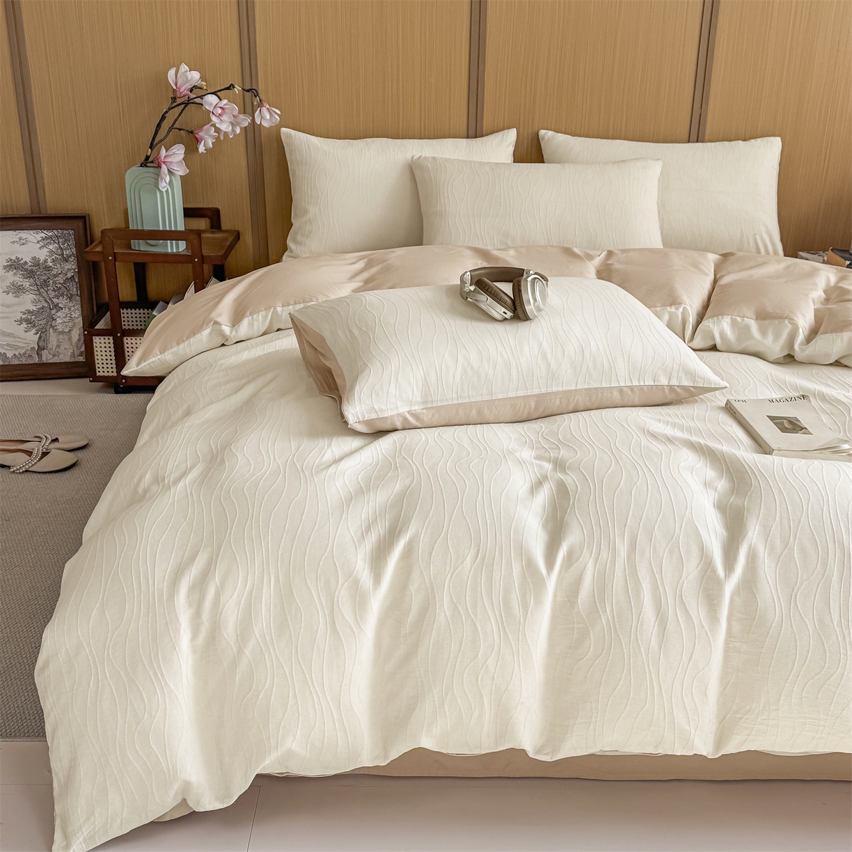 91家纺网 家纺一手货源 找家纺 灰鲸 2026新款全棉纯棉三层纱色织提花四件套 浅忆-杏仁奶霜