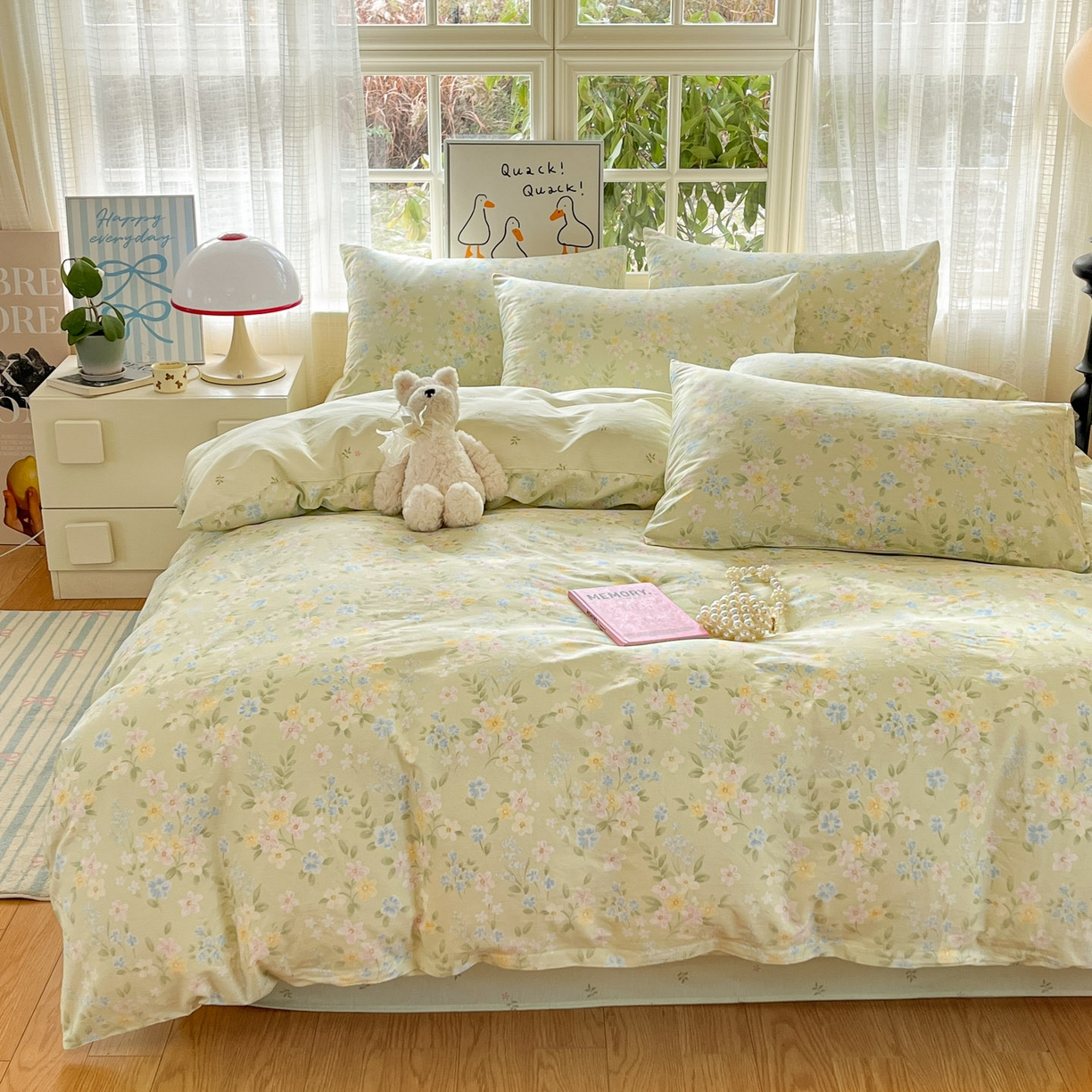 91家纺网 家纺一手货源 找家纺 睡美美家纺 2026新款全棉纯棉斜纹印花喷气小清新四季款学生三件套四件套 徐徐花开