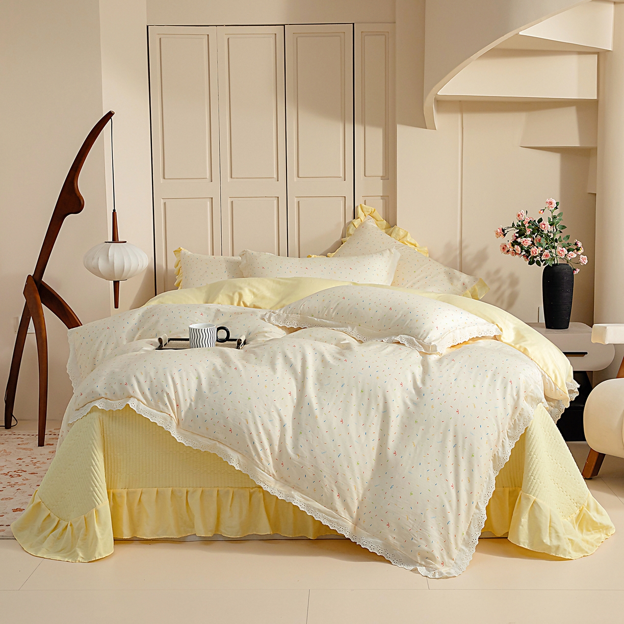 情煊家纺 2026新款全棉双层纱花边款绣花款四件套 绣花款-冰淇淋