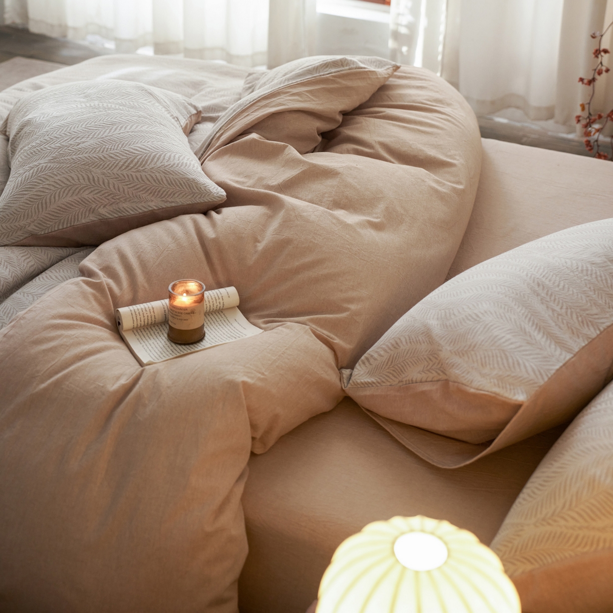 91家纺网 家纺一手货源 找家纺 如一 2026新款色织提花全棉水洗棉四件套第一批 叶笙-咖