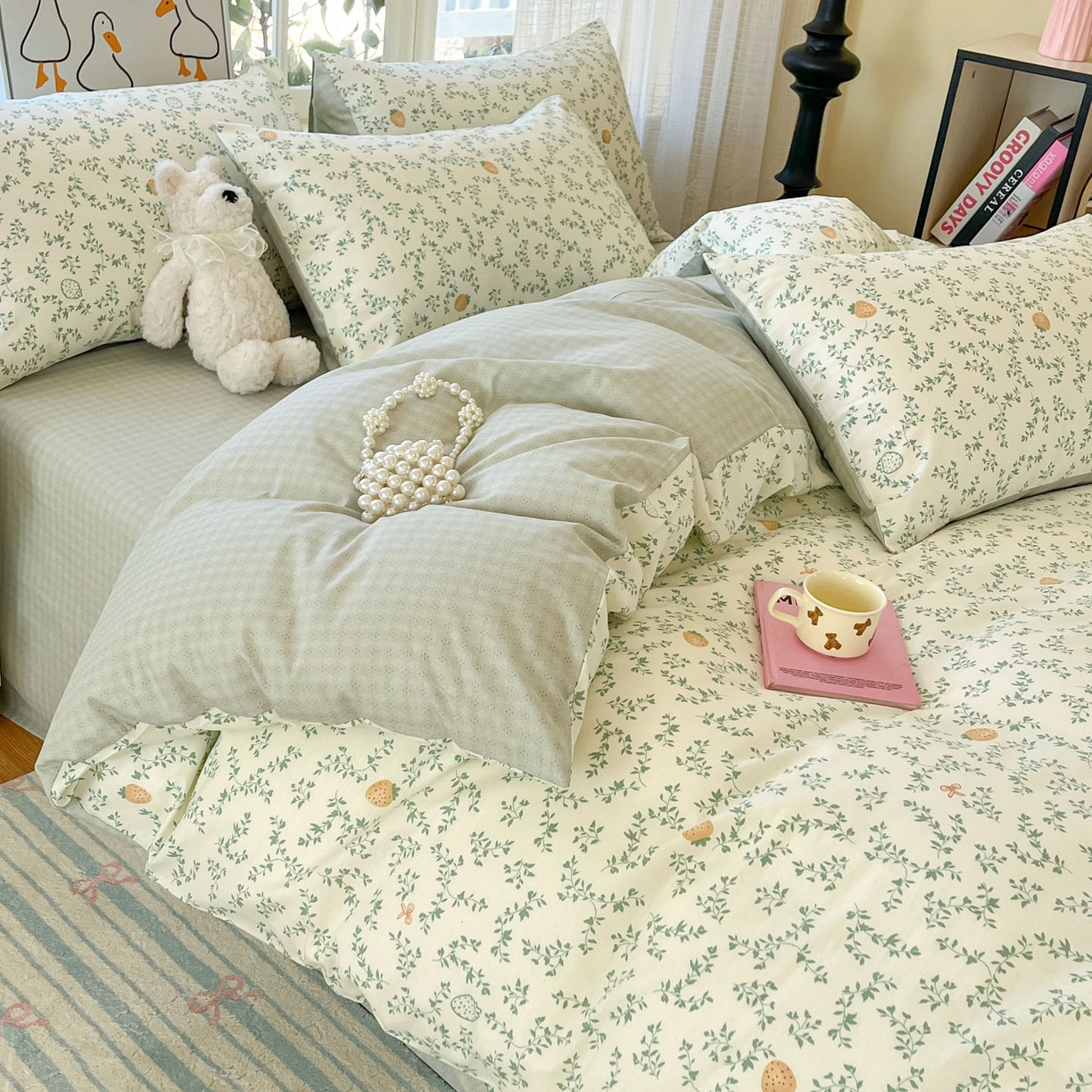 91家纺网 家纺一手货源 找家纺 睡美美家纺 2026新款全棉纯棉斜纹印花喷气小清新四季款学生三件套四件套 野莓绿叶