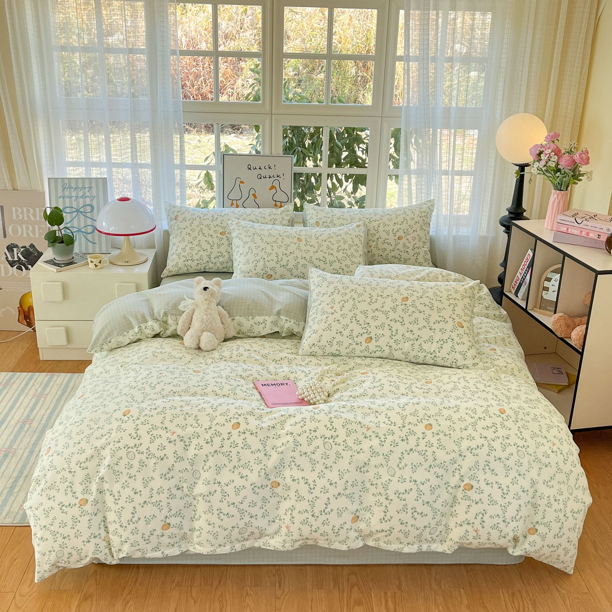 91家纺网 家纺一手货源 找家纺 睡美美家纺 2026新款全棉纯棉斜纹印花喷气小清新四季款学生三件套四件套 野莓绿叶