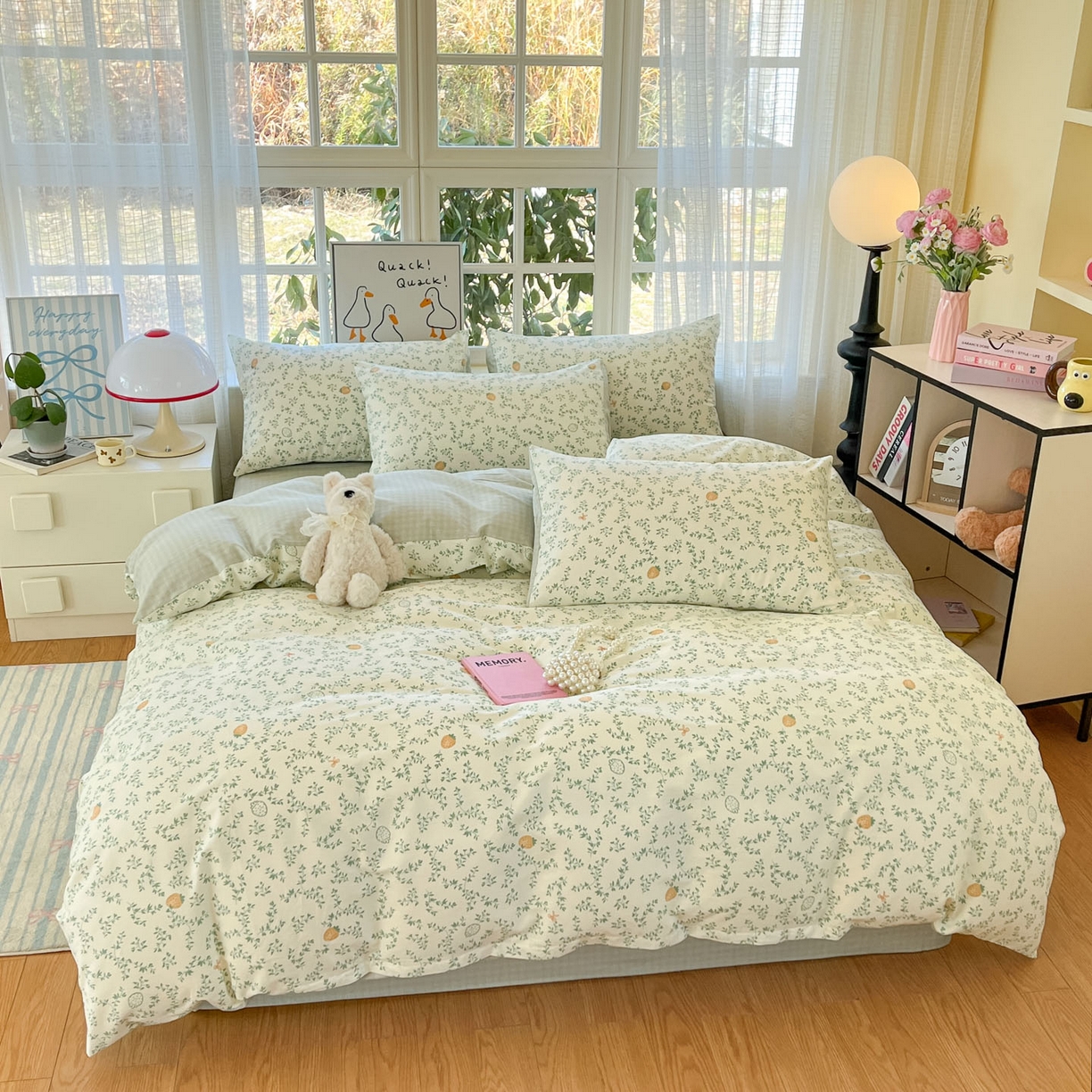 91家纺网 家纺一手货源 找家纺 睡美美家纺 2026新款全棉纯棉斜纹印花喷气小清新四季款学生三件套四件套 野莓绿叶