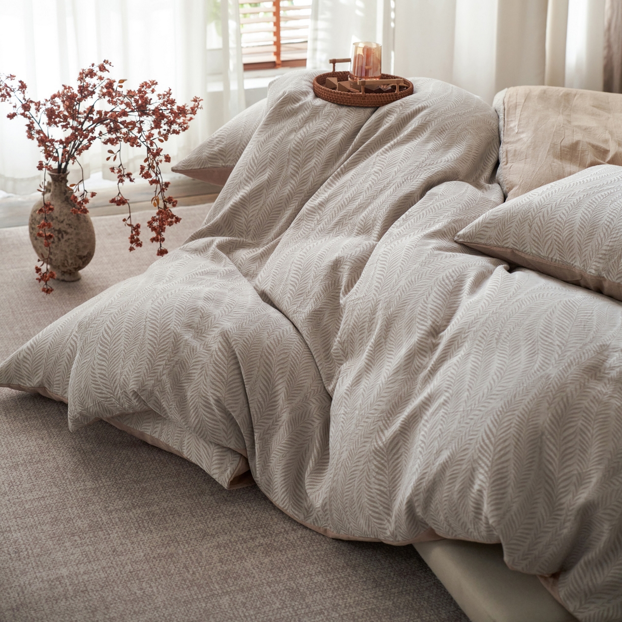 91家纺网 家纺一手货源 找家纺 如一 2026新款色织提花全棉水洗棉四件套第一批 叶笙-咖