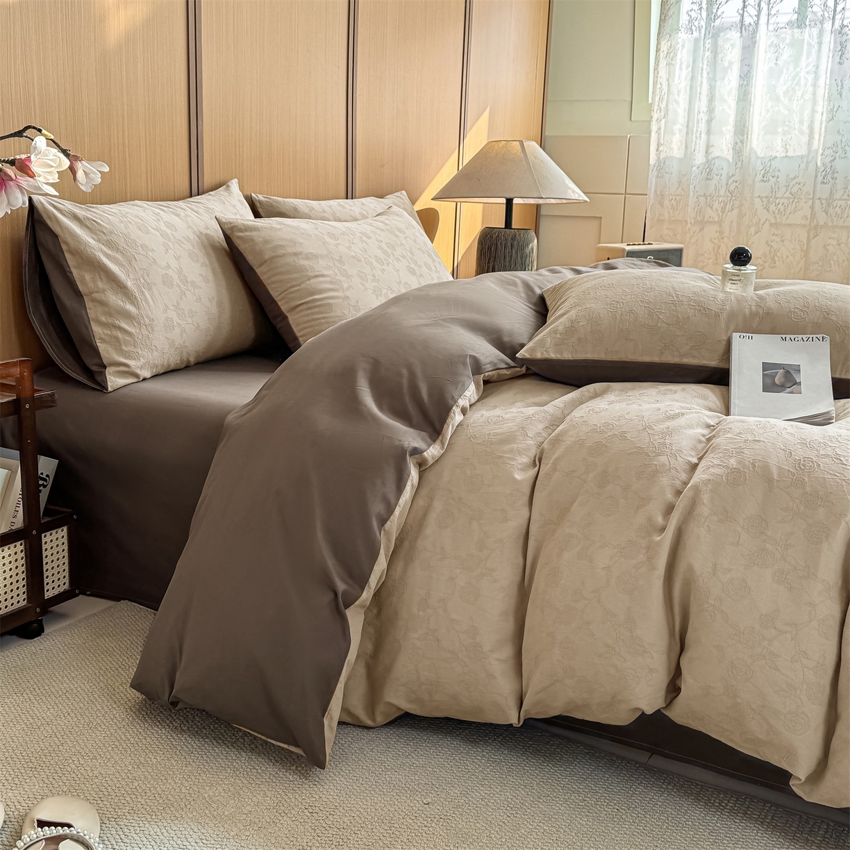 91家纺网 家纺一手货源 找家纺 灰鲸 2026新款全棉纯棉三层纱色织提花四件套 蔷薇-可可奶咖