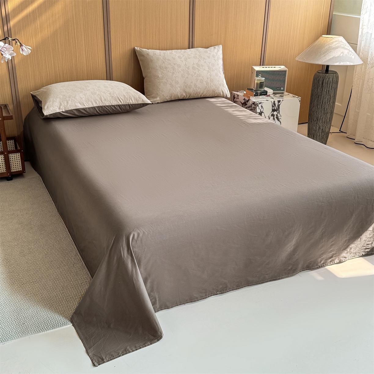 91家纺网 家纺一手货源 找家纺 灰鲸 2026新款全棉纯棉三层纱色织提花四件套 蔷薇-可可奶咖