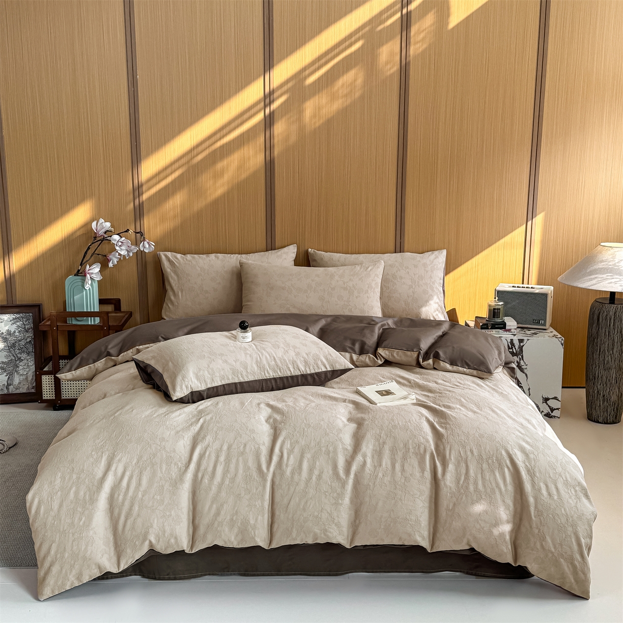 91家纺网 家纺一手货源 找家纺 灰鲸 2026新款全棉纯棉三层纱色织提花四件套 蔷薇-可可奶咖