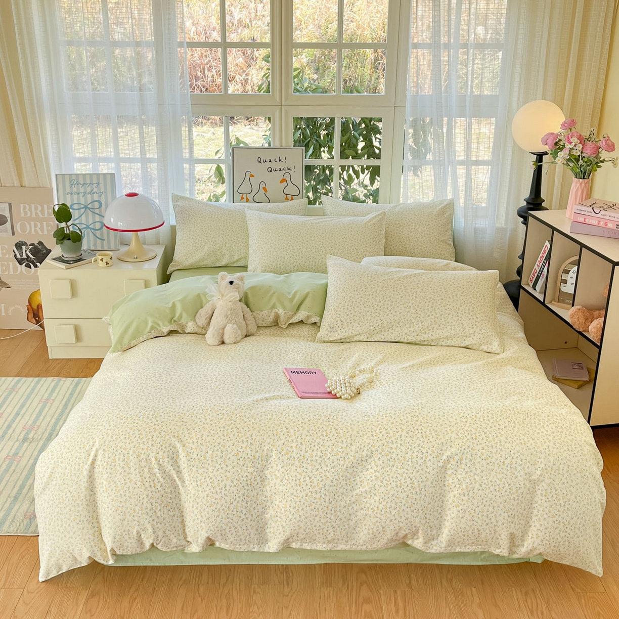 91家纺网 家纺一手货源 找家纺 睡美美家纺 2026新款全棉纯棉斜纹印花喷气小清新四季款学生三件套四件套 一叶知秋