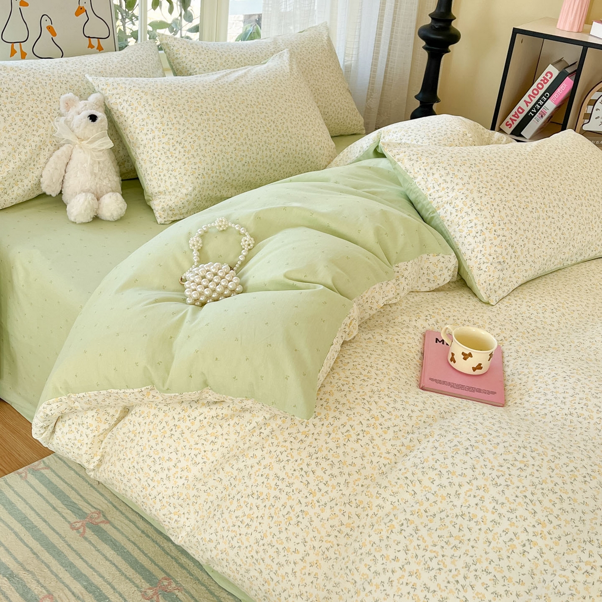 91家纺网 家纺一手货源 找家纺 睡美美家纺 2026新款全棉纯棉斜纹印花喷气小清新四季款学生三件套四件套 一叶知秋