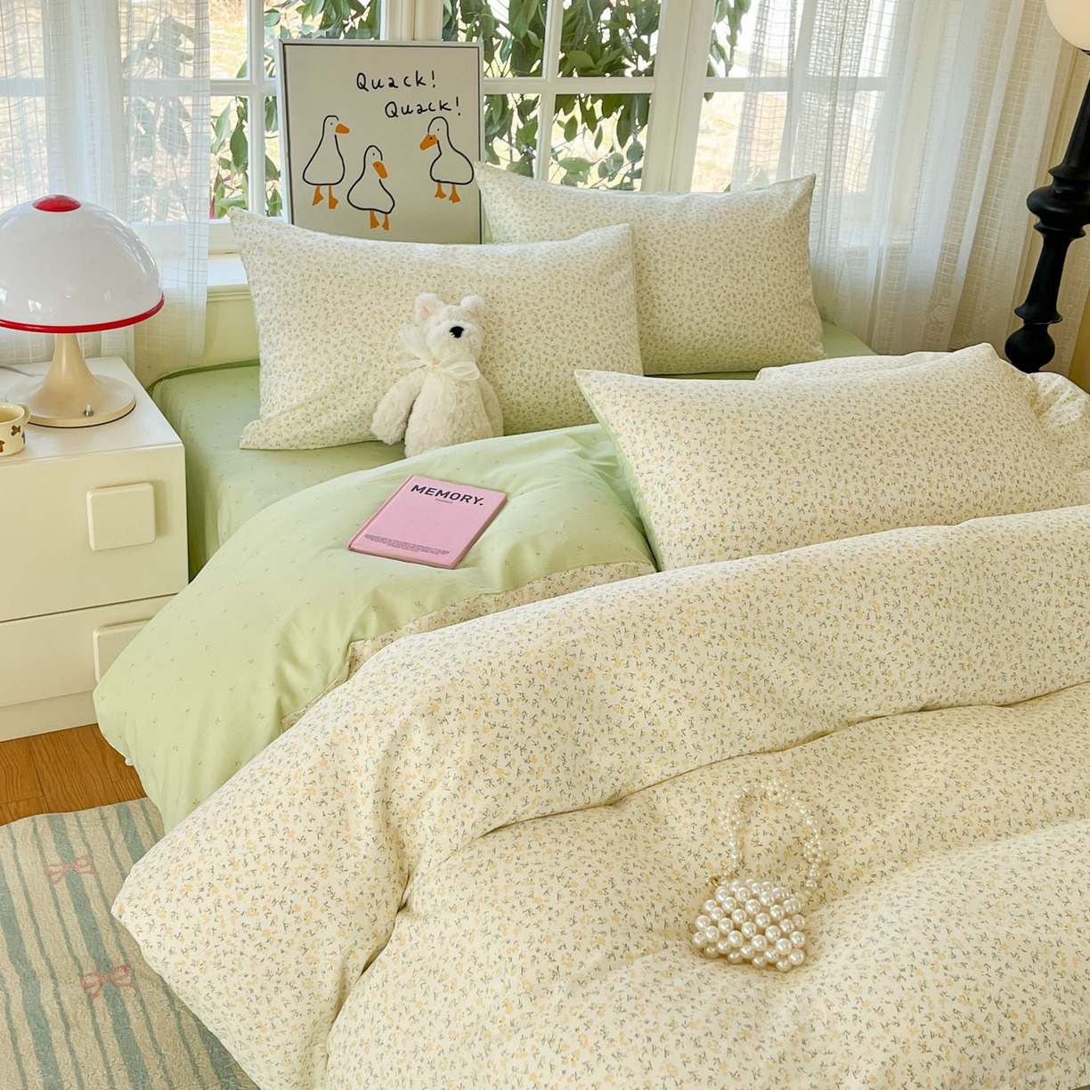 91家纺网 家纺一手货源 找家纺 睡美美家纺 2026新款全棉纯棉斜纹印花喷气小清新四季款学生三件套四件套 一叶知秋