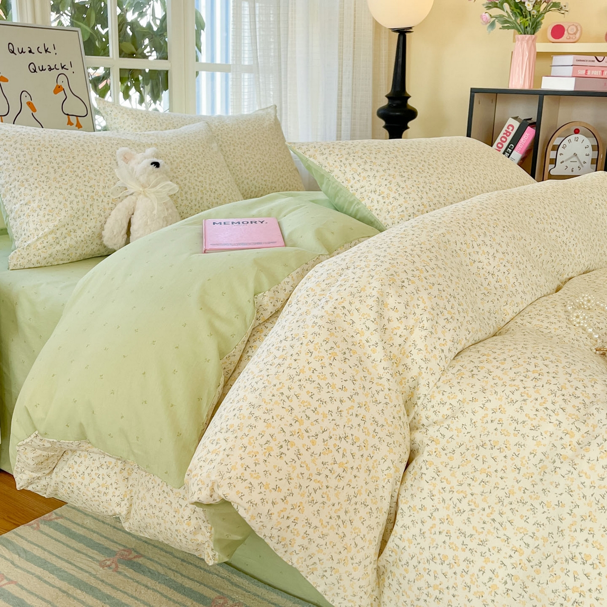 91家纺网 家纺一手货源 找家纺 睡美美家纺 2026新款全棉纯棉斜纹印花喷气小清新四季款学生三件套四件套 一叶知秋