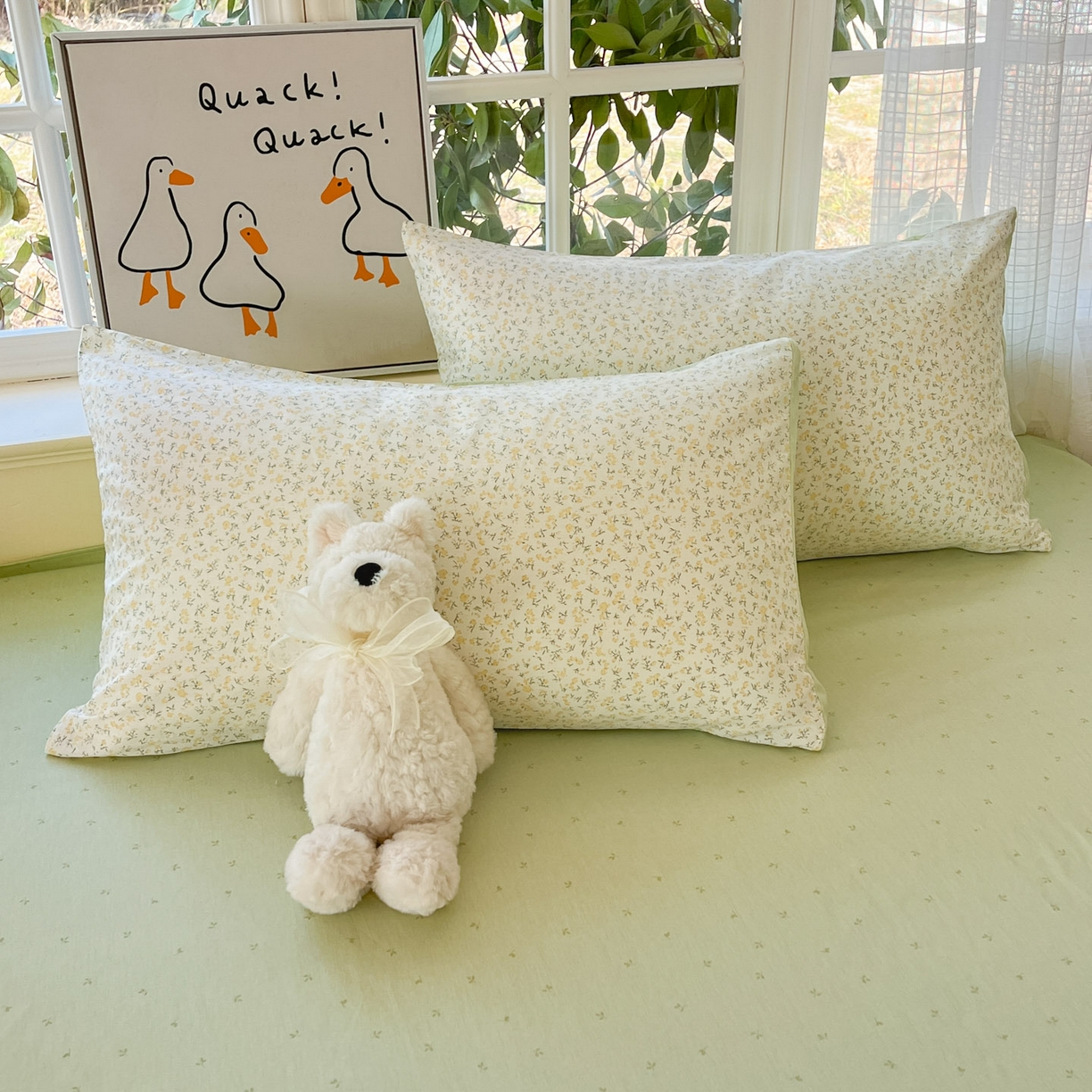 91家纺网 家纺一手货源 找家纺 睡美美家纺 2026新款全棉纯棉斜纹印花喷气小清新四季款学生三件套四件套 一叶知秋