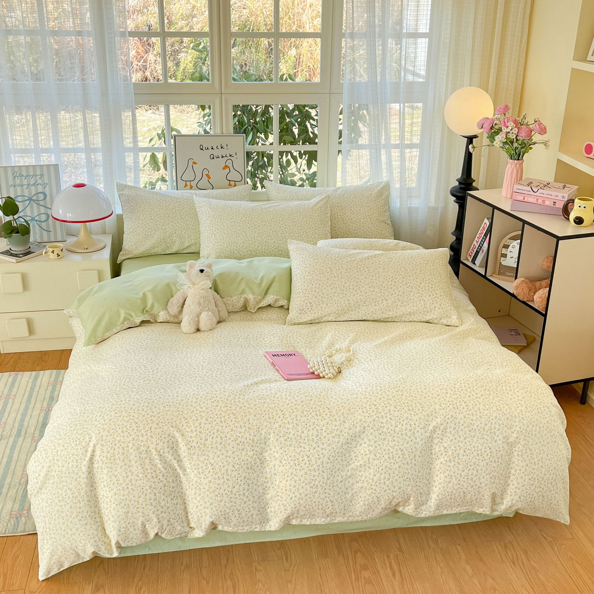 91家纺网 家纺一手货源 找家纺 睡美美家纺 2026新款全棉纯棉斜纹印花喷气小清新四季款学生三件套四件套 一叶知秋