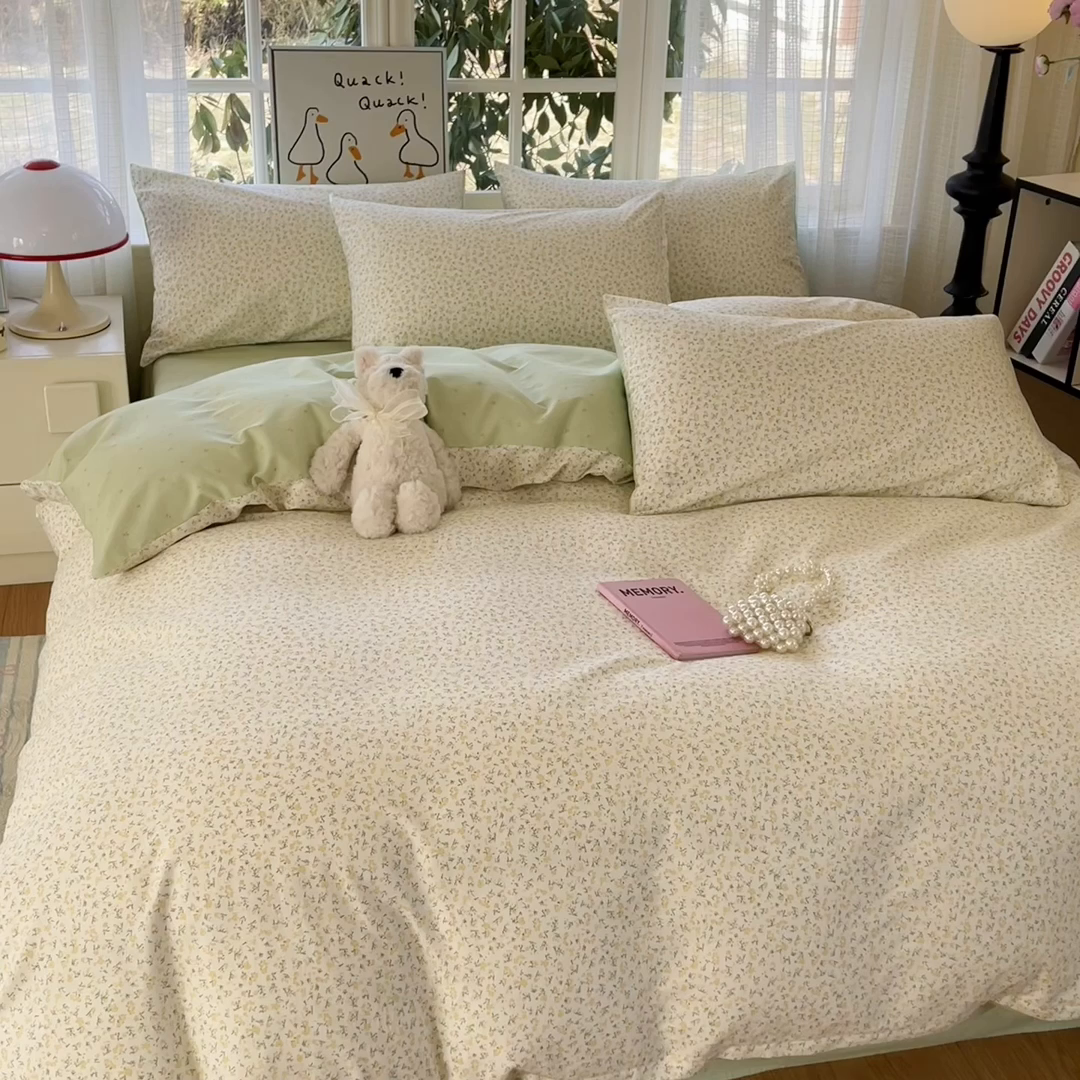 91家纺网 家纺一手货源 找家纺 睡美美家纺 2026新款全棉纯棉斜纹印花喷气小清新四季款学生三件套四件套 一叶知秋