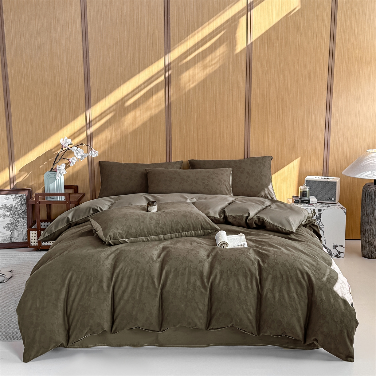 91家纺网 家纺一手货源 找家纺 灰鲸 2026新款全棉纯棉三层纱色织提花四件套 蔷薇-摩卡