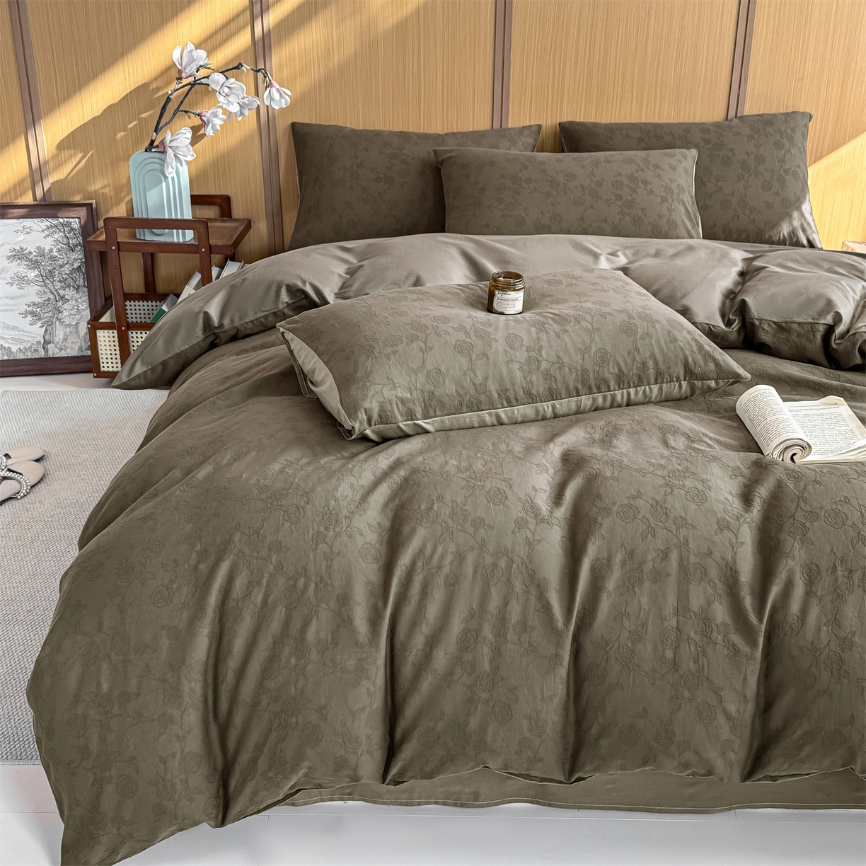 91家纺网 家纺一手货源 找家纺 灰鲸 2026新款全棉纯棉三层纱色织提花四件套 蔷薇-摩卡