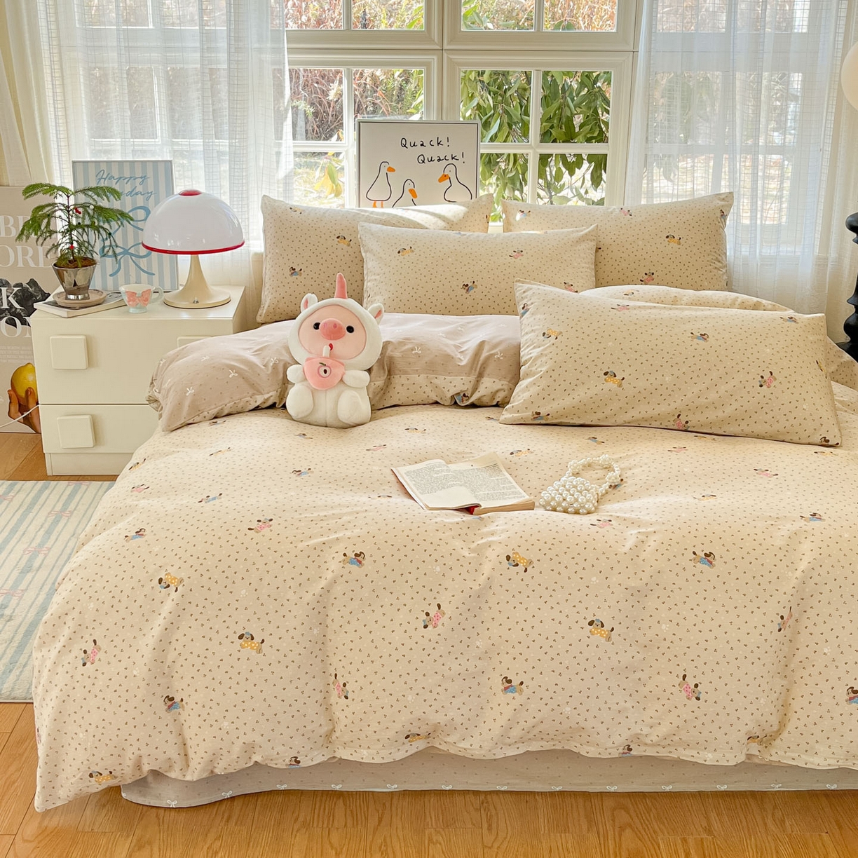 91家纺网 家纺一手货源 找家纺 睡美美家纺 2026新款全棉纯棉斜纹印花喷气小清新四季款学生三件套四件套 尤小七