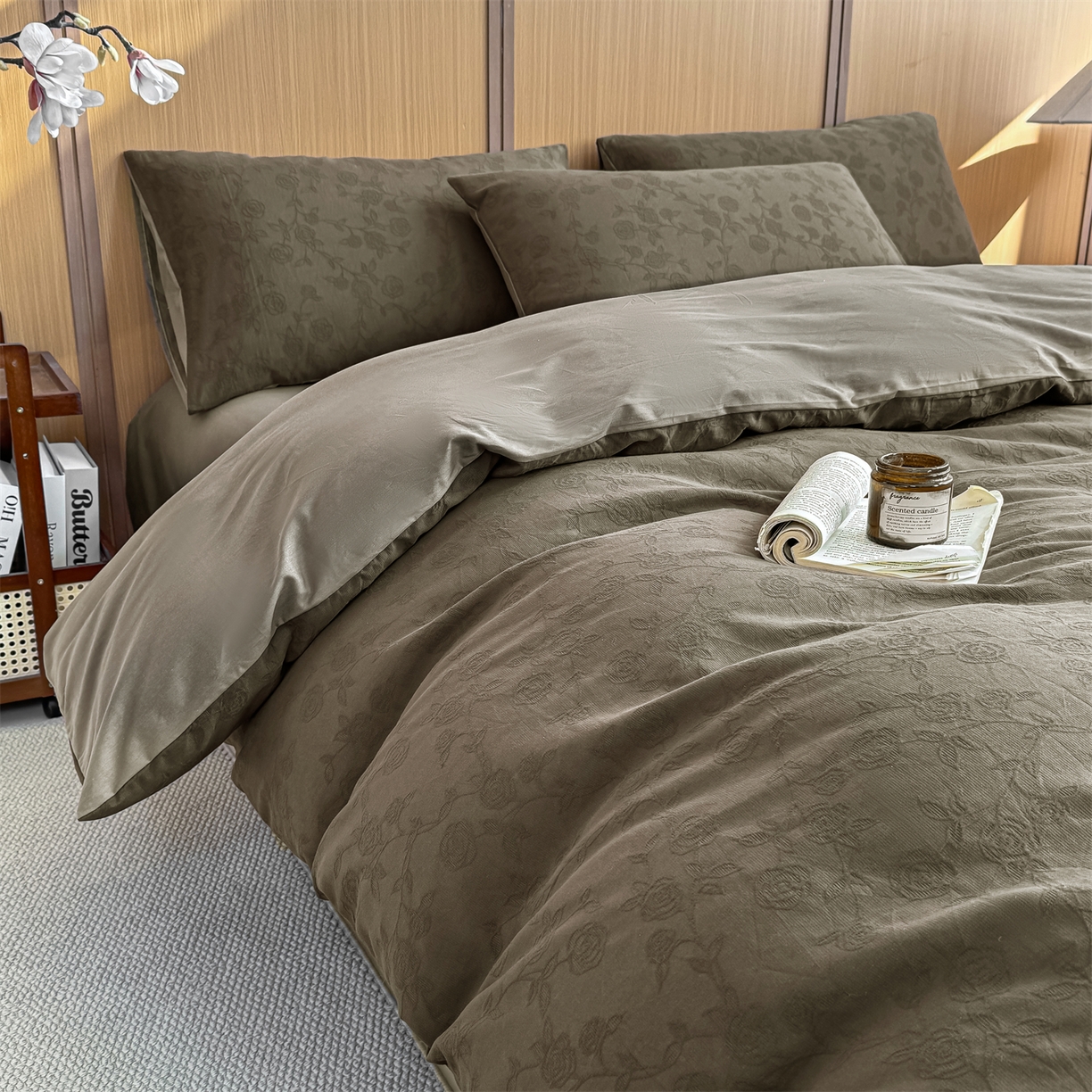 91家纺网 家纺一手货源 找家纺 灰鲸 2026新款全棉纯棉三层纱色织提花四件套 蔷薇-摩卡