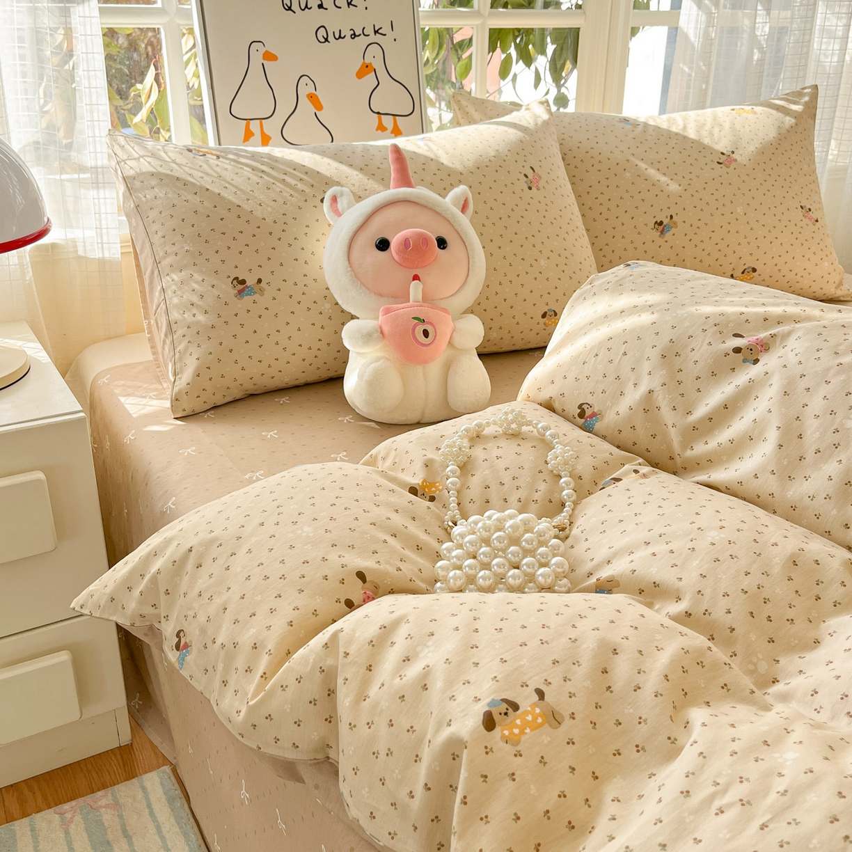 91家纺网 家纺一手货源 找家纺 睡美美家纺 2026新款全棉纯棉斜纹印花喷气小清新四季款学生三件套四件套 尤小七