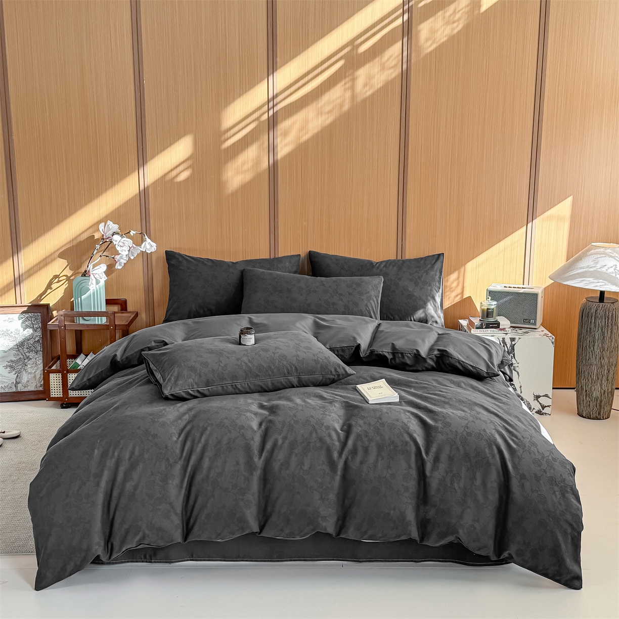 91家纺网 家纺一手货源 找家纺 灰鲸 2026新款全棉纯棉三层纱色织提花四件套 蔷薇-素墨