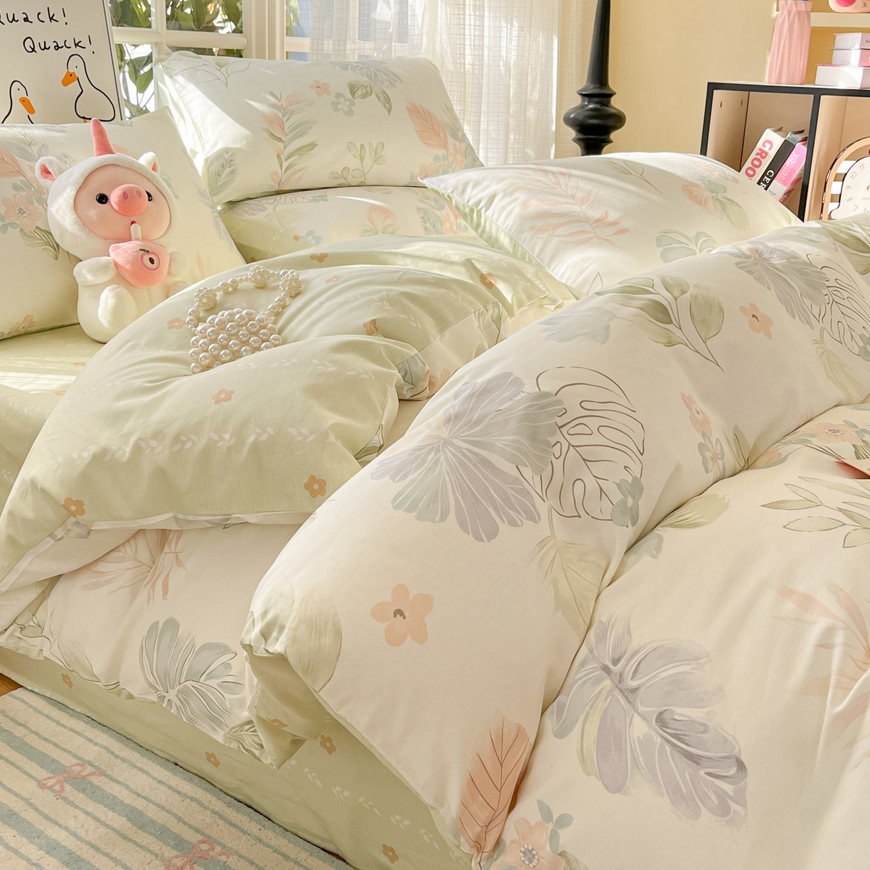 91家纺网 家纺一手货源 找家纺 睡美美家纺 2026新款全棉纯棉斜纹印花喷气小清新四季款学生三件套四件套 枝繁叶茂