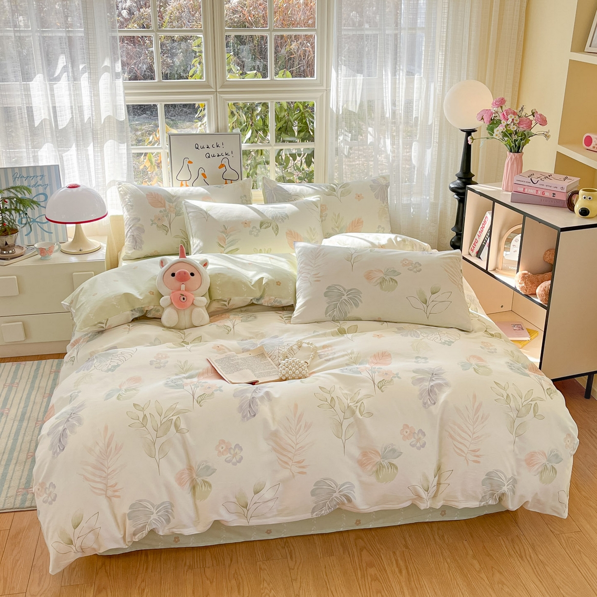 91家纺网 家纺一手货源 找家纺 睡美美家纺 2026新款全棉纯棉斜纹印花喷气小清新四季款学生三件套四件套 枝繁叶茂