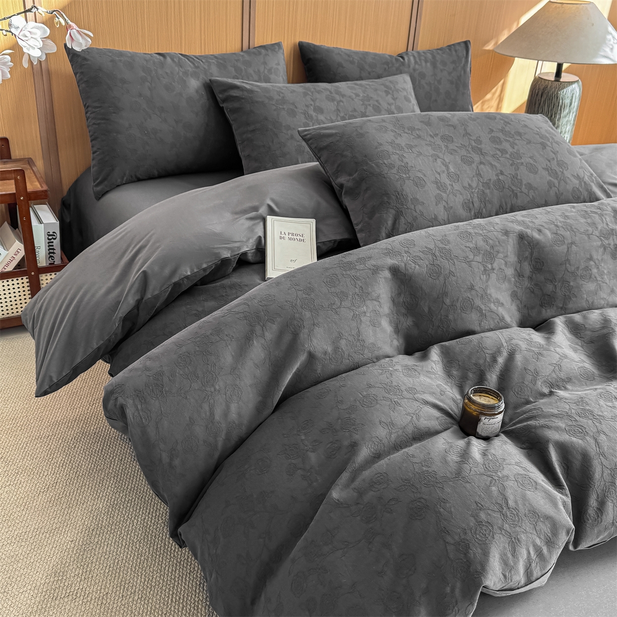 91家纺网 家纺一手货源 找家纺 灰鲸 2026新款全棉纯棉三层纱色织提花四件套 蔷薇-素墨