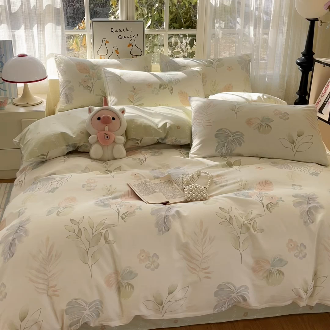 91家纺网 家纺一手货源 找家纺 睡美美家纺 2026新款全棉纯棉斜纹印花喷气小清新四季款学生三件套四件套 枝繁叶茂