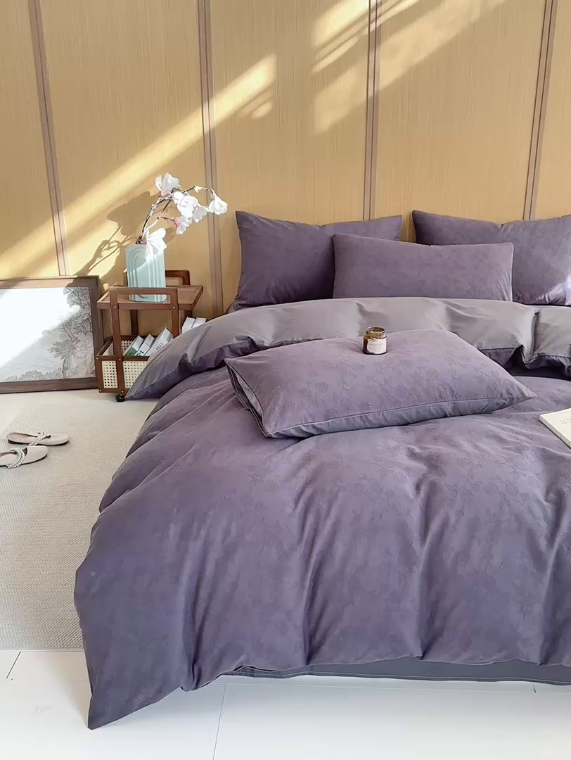 91家纺网 家纺一手货源 找家纺 灰鲸 2026新款全棉纯棉三层纱色织提花四件套 蔷薇-素墨