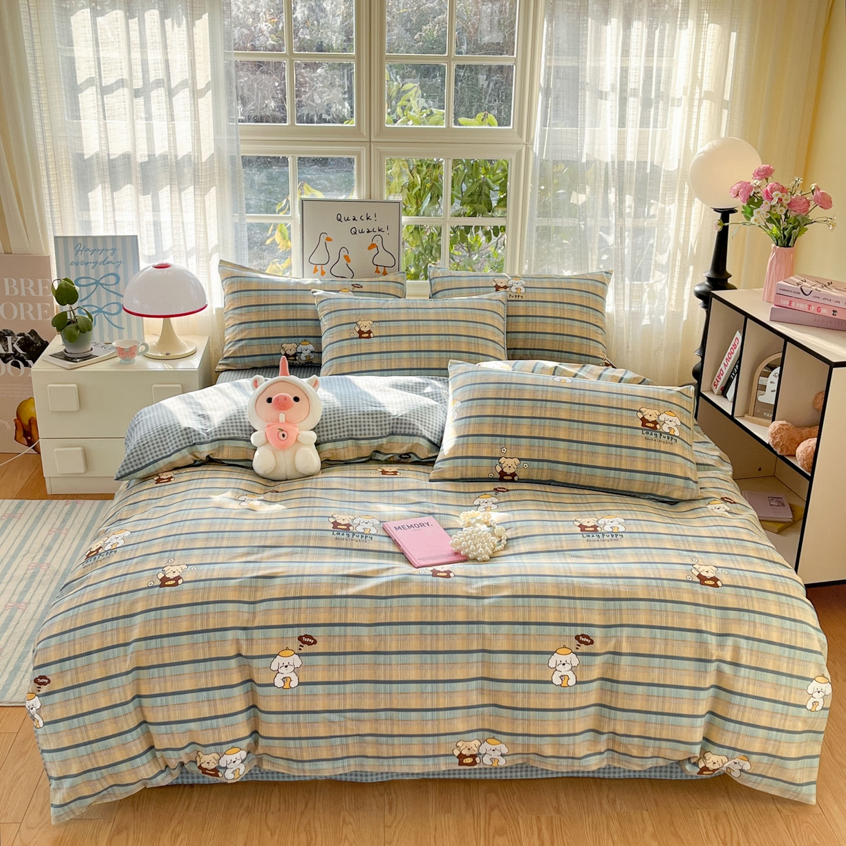 91家纺网 家纺一手货源 找家纺 睡美美家纺 2026新款全棉纯棉斜纹印花喷气小清新四季款学生三件套四件套 自拍小狗