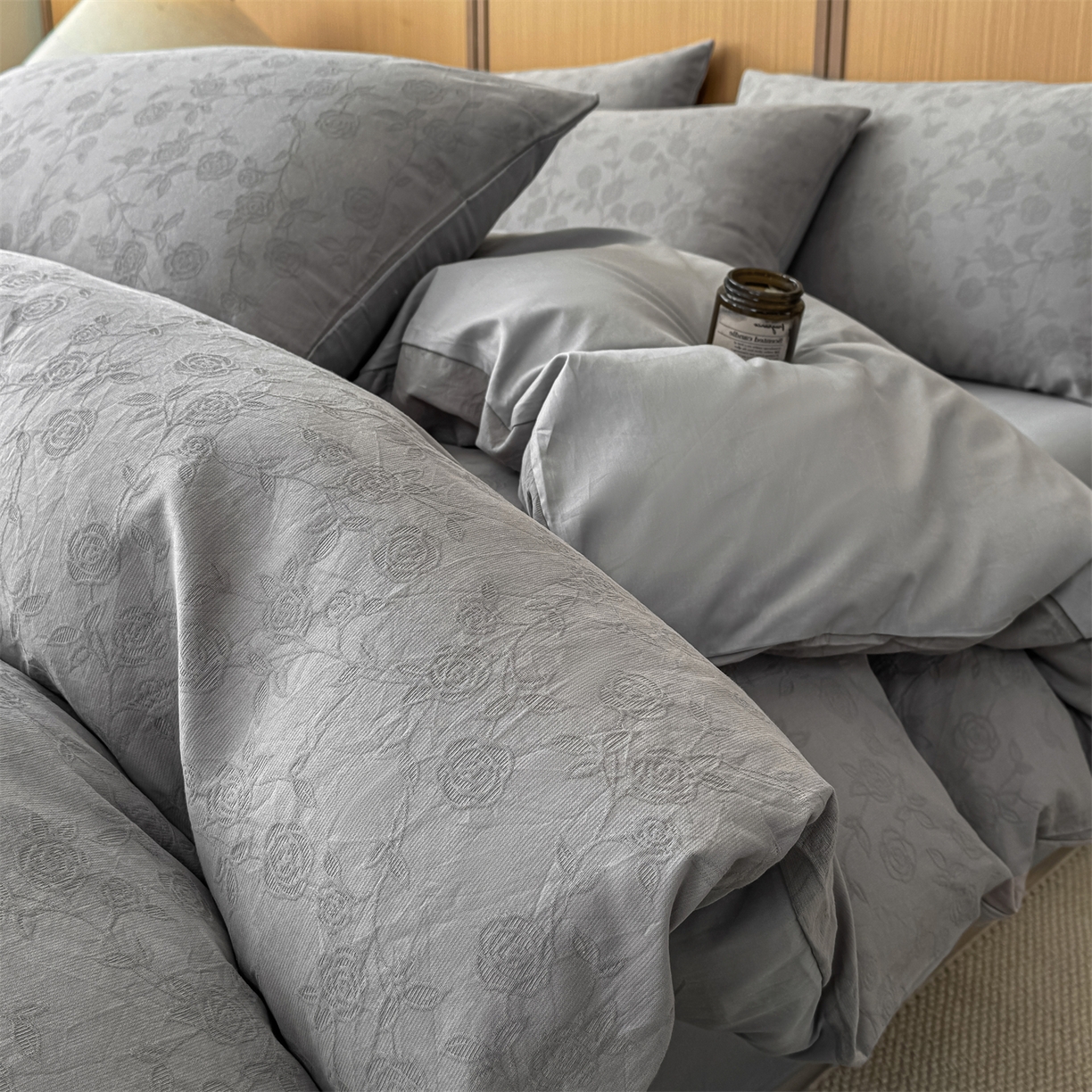 灰鲸 2026新款全棉纯棉三层纱色织提花四件套 蔷薇-雾灰