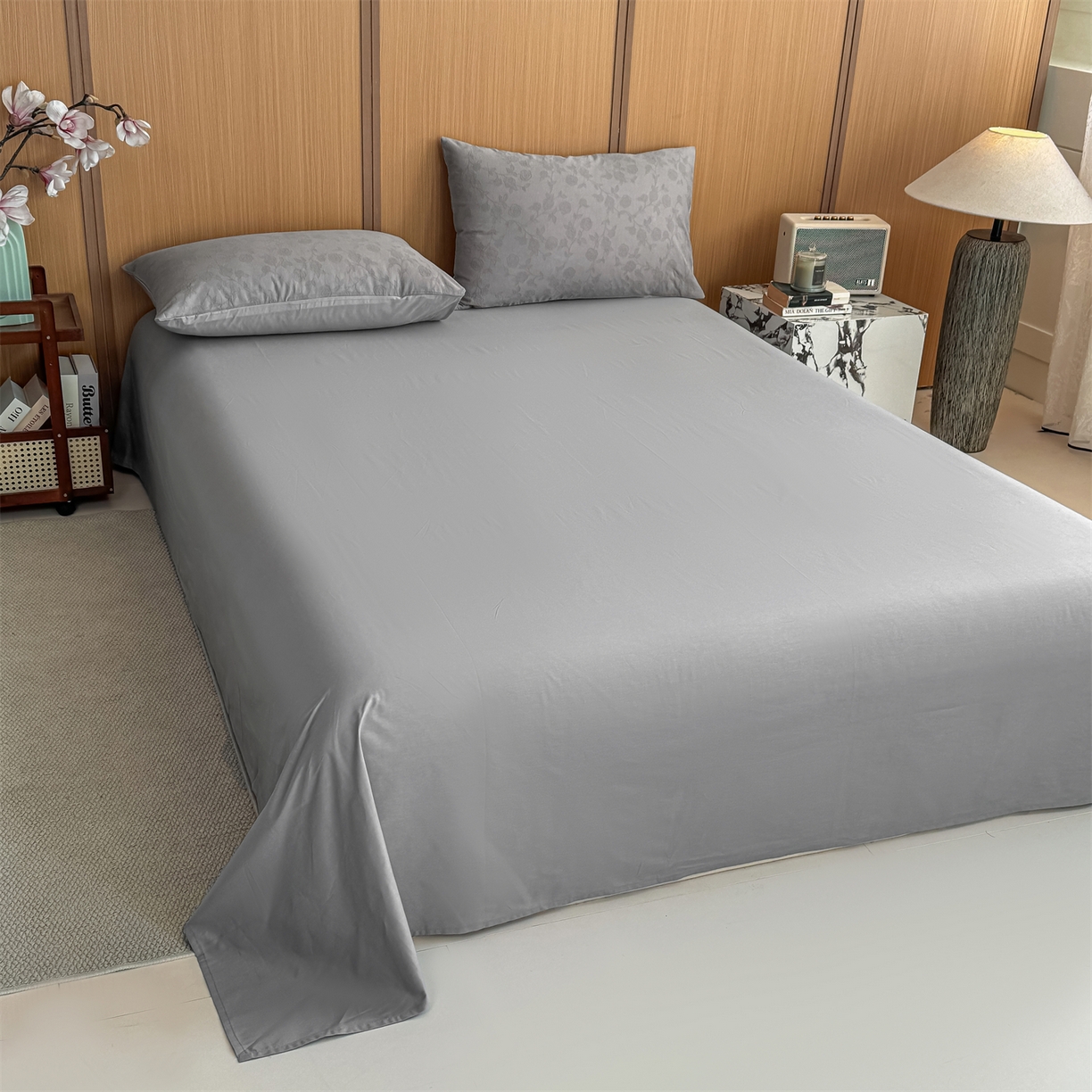 91家纺网 家纺一手货源 找家纺 灰鲸 2026新款全棉纯棉三层纱色织提花四件套 蔷薇-雾灰