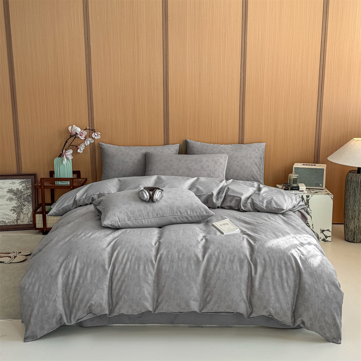 91家纺网 家纺一手货源 找家纺 灰鲸 2026新款全棉纯棉三层纱色织提花四件套 蔷薇-雾灰