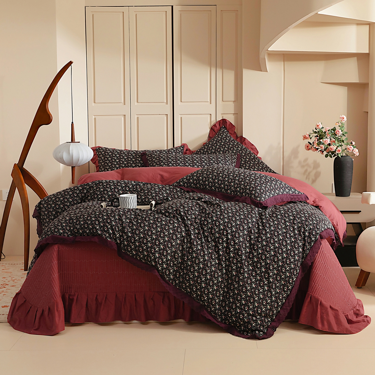 情煊家纺 2026新款全棉双层纱花边款绣花款四件套 绣花款-海棠红