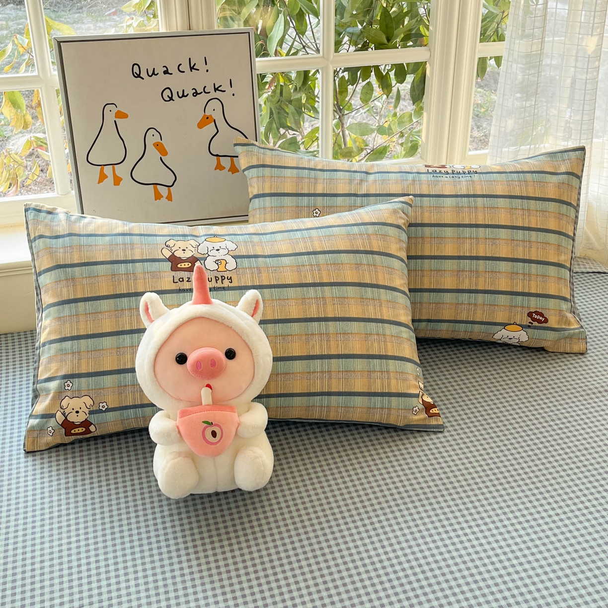 91家纺网 家纺一手货源 找家纺 睡美美家纺 2026新款全棉纯棉斜纹印花喷气小清新四季款学生三件套四件套 自拍小狗