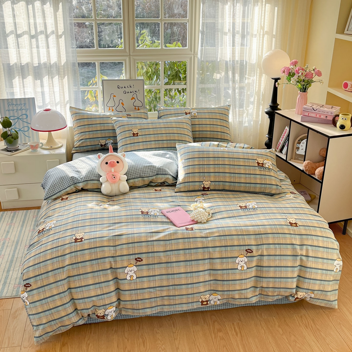 91家纺网 家纺一手货源 找家纺 睡美美家纺 2026新款全棉纯棉斜纹印花喷气小清新四季款学生三件套四件套 自拍小狗