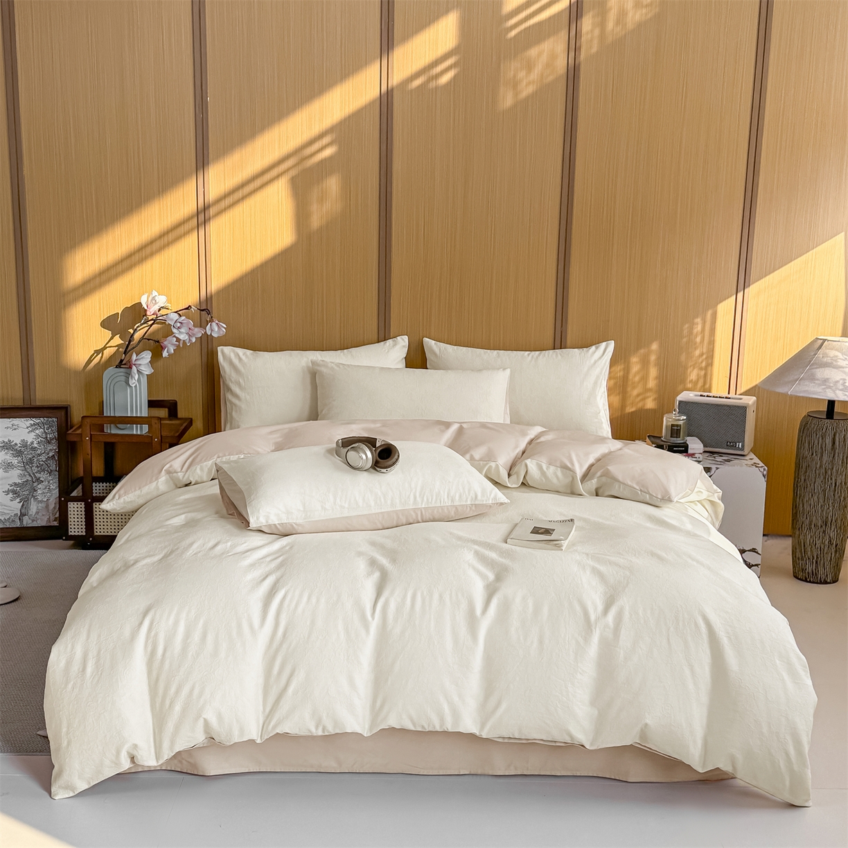 91家纺网 家纺一手货源 找家纺 灰鲸 2026新款全棉纯棉三层纱色织提花四件套 蔷薇-杏仁奶霜