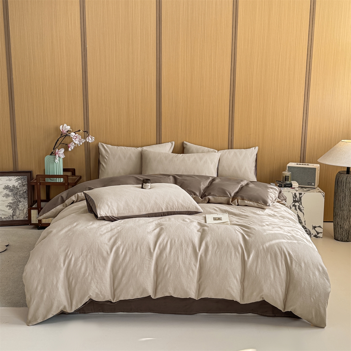 91家纺网 家纺一手货源 找家纺 灰鲸 2026新款全棉纯棉三层纱色织提花四件套 影韵-可可奶咖