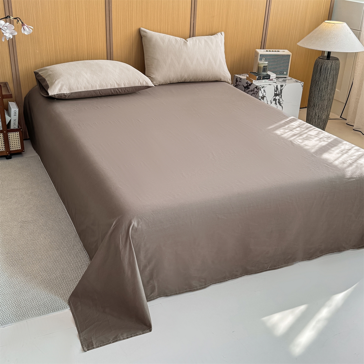 91家纺网 家纺一手货源 找家纺 灰鲸 2026新款全棉纯棉三层纱色织提花四件套 影韵-可可奶咖