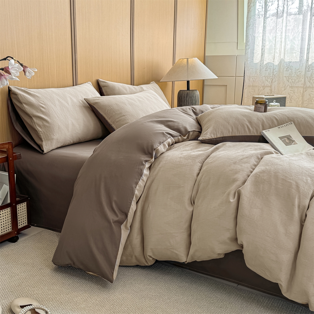 91家纺网 家纺一手货源 找家纺 灰鲸 2026新款全棉纯棉三层纱色织提花四件套 影韵-可可奶咖