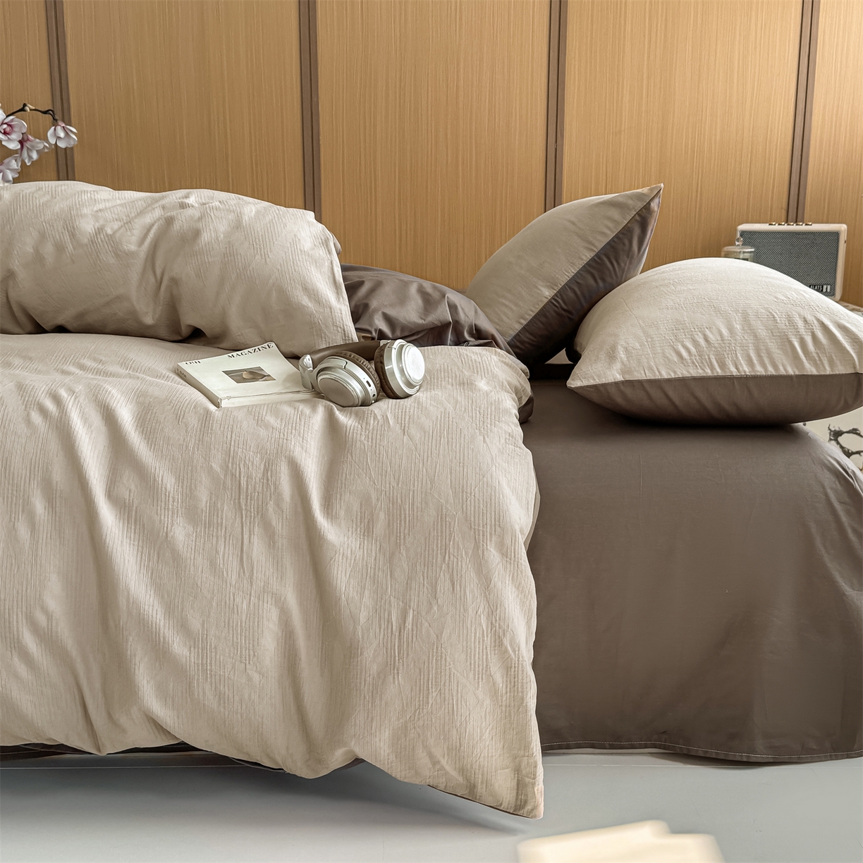 91家纺网 家纺一手货源 找家纺 灰鲸 2026新款全棉纯棉三层纱色织提花四件套 影韵-可可奶咖