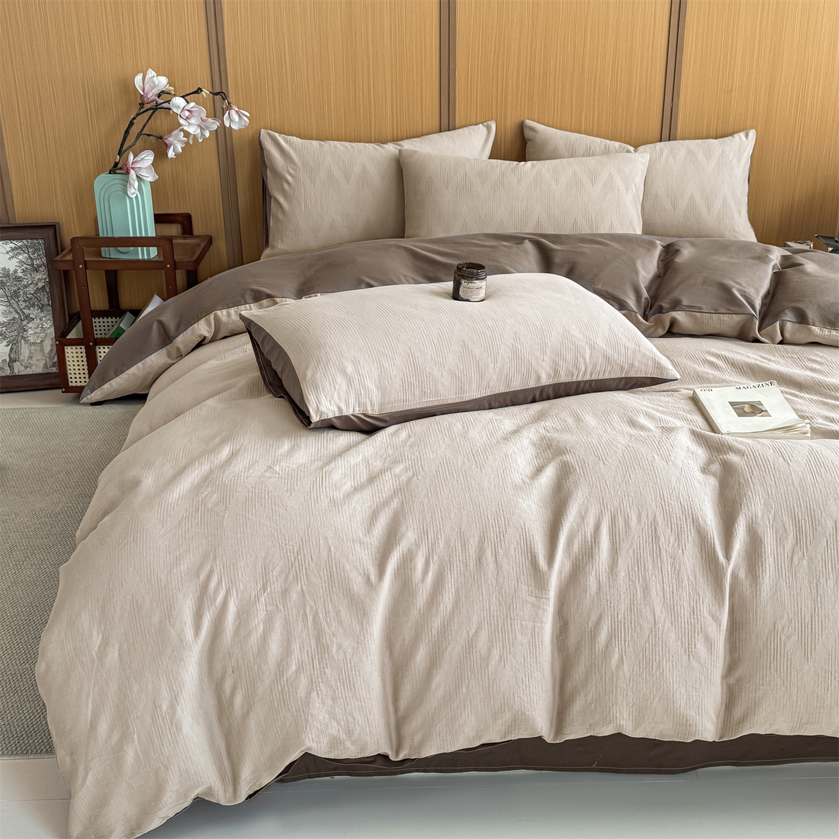 91家纺网 家纺一手货源 找家纺 灰鲸 2026新款全棉纯棉三层纱色织提花四件套 影韵-可可奶咖