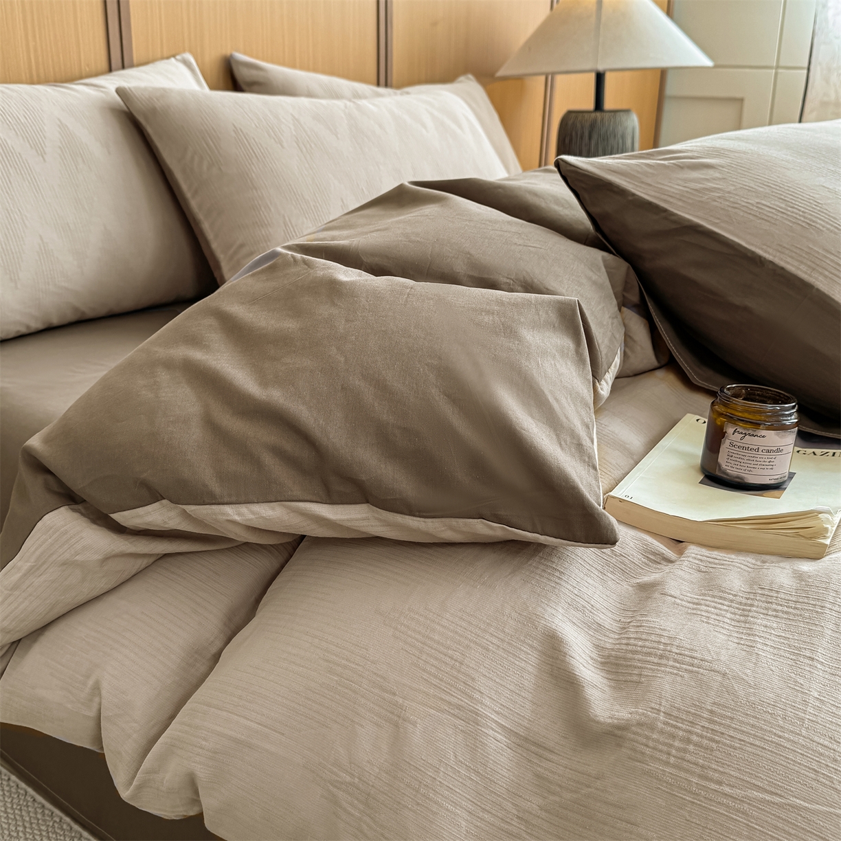 91家纺网 家纺一手货源 找家纺 灰鲸 2026新款全棉纯棉三层纱色织提花四件套 影韵-可可奶咖