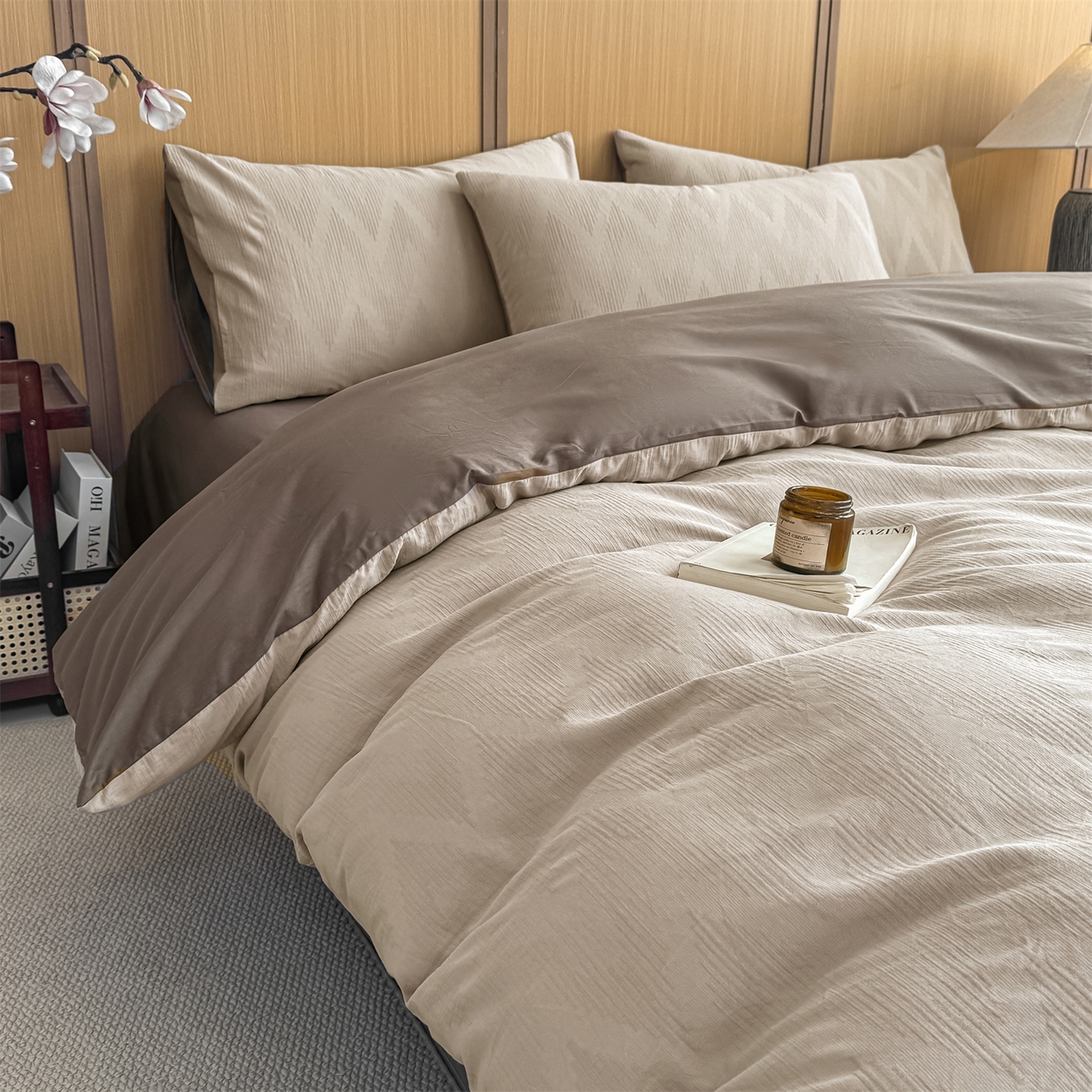 91家纺网 家纺一手货源 找家纺 灰鲸 2026新款全棉纯棉三层纱色织提花四件套 影韵-可可奶咖