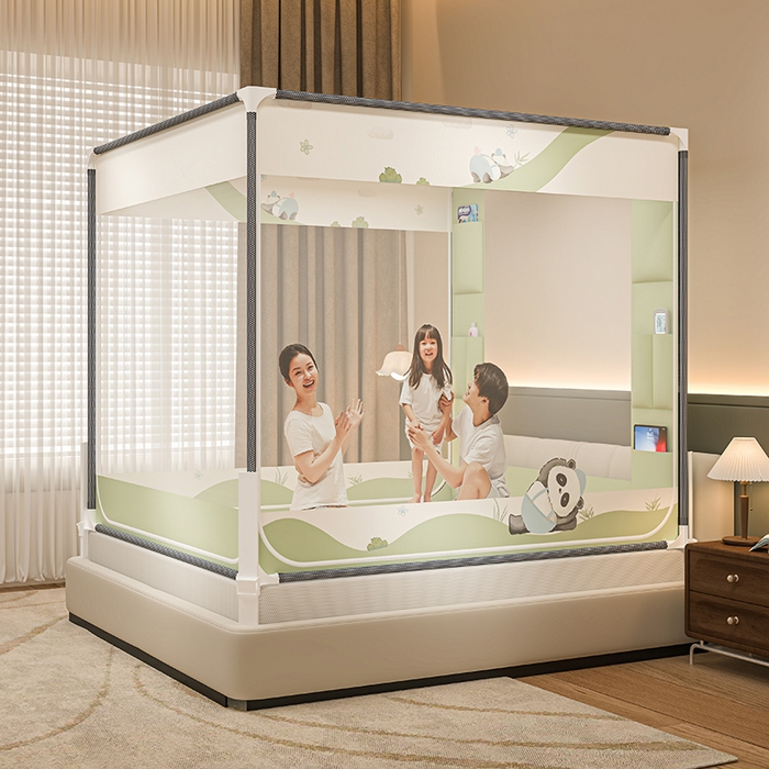 91家纺网 家纺一手货源 找家纺 青竹苑 2026新款围栏托底口袋款坐床防摔蚊帐 功夫熊猫