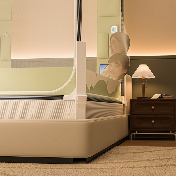 91家纺网 家纺一手货源 找家纺 青竹苑 2026新款围栏托底口袋款坐床防摔蚊帐 功夫熊猫