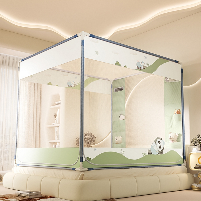 91家纺网 家纺一手货源 找家纺 青竹苑 2026新款围栏托底口袋款坐床防摔蚊帐 功夫熊猫